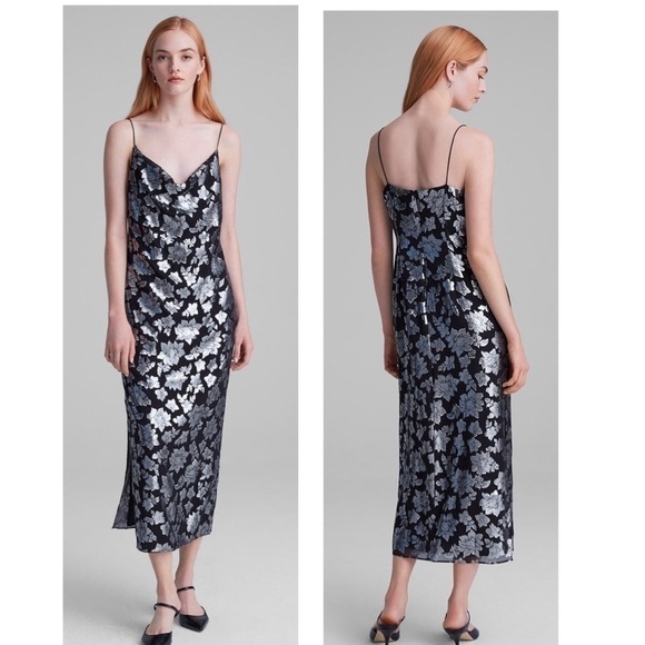 CLUB Monaco Jacquard Silk Metallic Silver Slip MIDI Dress NWT size 6 - Picture 3 of 10